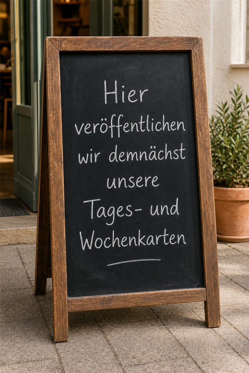 Platzhaltertafel für eine kommende Wochenkarte eines Restaurants