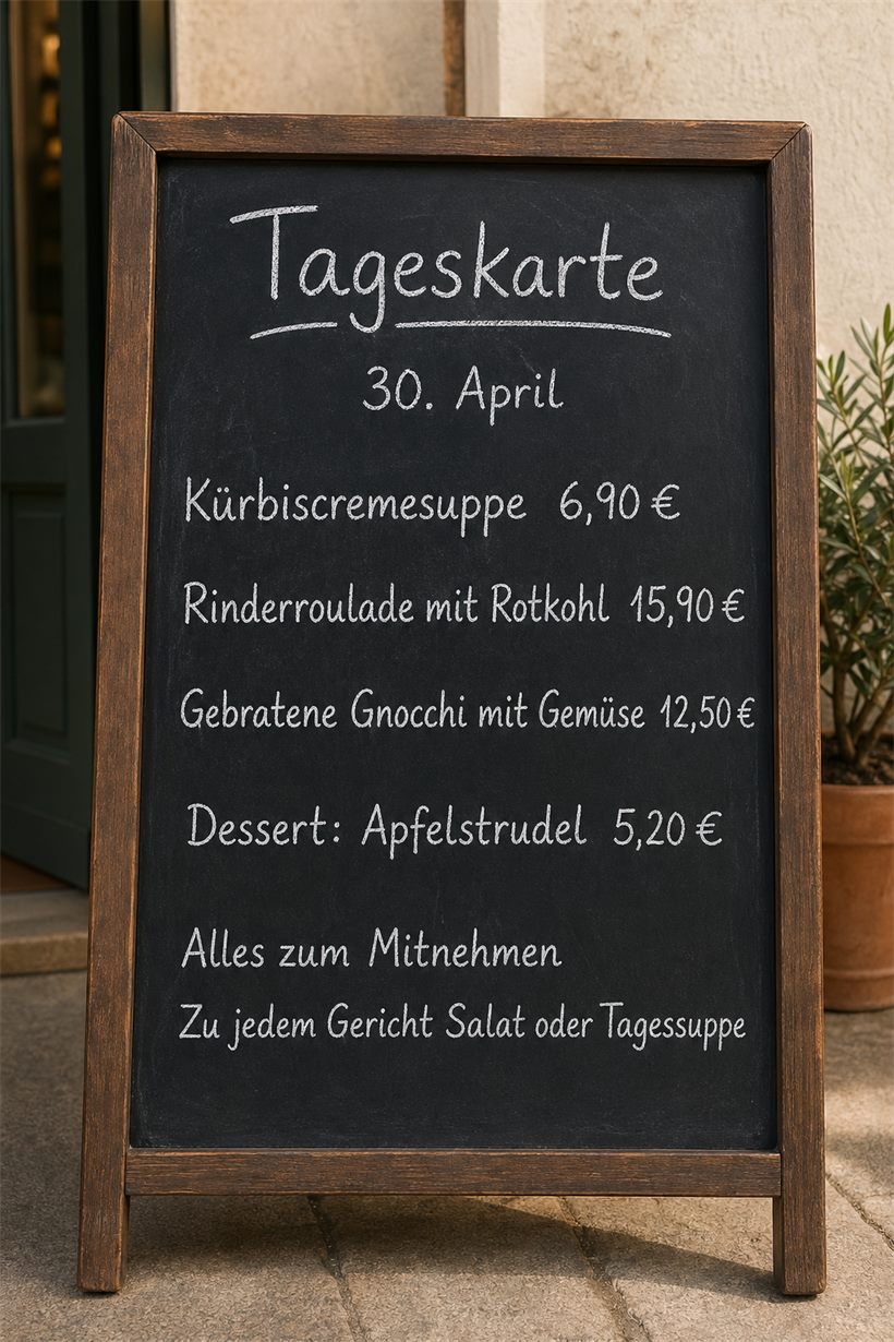 Fotografierte Tageskarte eines Restaurants als Tafel vor der Tür